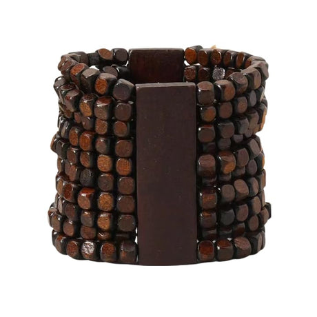 QRH Stretch Wooden Beads Cuff Bracelets Multi Layered Natural Wood Beads Chunky Bangle Wooden Handmade Wide Bracelets Bohemia Jewelry for Women Men-A QRH