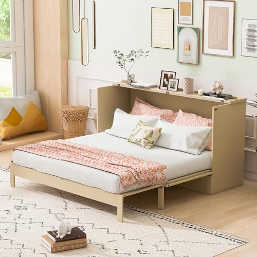 P PURLOVE Full Murphy Bed with Large Drawers, Wood Cabinet Bed with USB Port, No Box Spring Needed, Easy Assembly (Gold) P PURLOVE