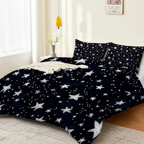 Double-Sided Printed Bedding with Minimalist Stars Cute - Ultra-Soft Microfiber Duvet Cover Set Single Durable Zipper Closure, Comfortable Quilt Cover for Bedroom Décor Dark Generic