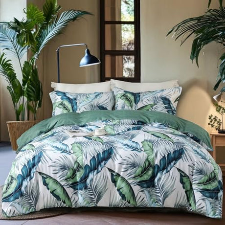 OAITE Duvet Cover King Size,Reversible Summer Leaf Green Duvet Cover Set with Zipper Closure, 3 Pieces Modern Patterns Soft Microfiber Bedding Set with 8 Ties(104’’*90’’,2 Pillow Cases) OAITE
