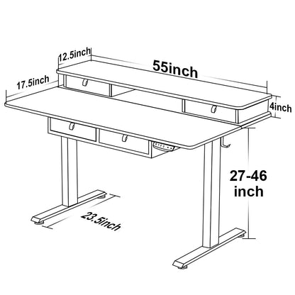 ExaDesk 55 * 30 Inches Electric Standing Widened Desk Adjustable Height with 4 Drawers, Double Storage Shelves Stand Up Desk, Home Office Workstation - WoodArtSupply