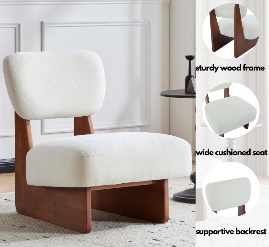 Christopher Knight Home Mores Low Profile Accent Chair Set of 2, Modern Living Room Armless Lounge Chair, Fabric Comfy Reading Chair for Bedroom, Wooden Frame and Thick Padded Seat, Walnut+White Christopher Knight Home
