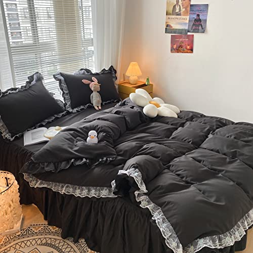 MOOWOO Ruffle Duvet Cover Full Size - Cute Girl Lace Bedding Includes 1 Duvet Cover 90x90 Inches with Zipper Closure & 2 Pillow Shams, No Comforter - Black, Full MOOWOO