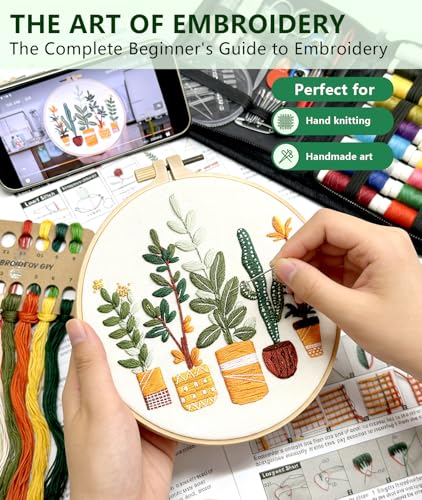 Irosiy 4 Pack Embroidery Kit for Beginners - 4 Cute Plant Pot Patterns, All-Inclusive Starter Set with Pre-Printed Canvas, Hoops - Handmade Home Decor Gift for DIY Craft Lovers Irosiy