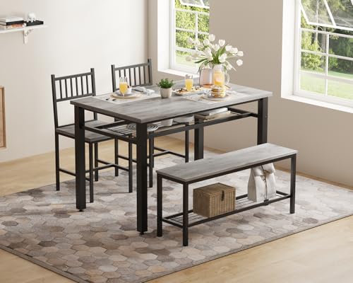 GarveeHome Modern Dining Table Set for 4, Kitchen Table for 4 with Chairs &Storage Bench,47 "Rectangular Dining Room Set with Bench,4 Piece Kitchen Table Set for Small Space/Apartment(Gray) GarveeHome