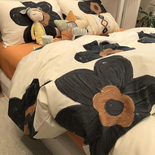 Wellboo Black Floral Comforter Sets Twin Women Girls White and Black Botanical Bedding Sets Cotton Beige Black Sunflower Quilts Teens 3D Large Flower Quilts Watercolor Boho Garden Bohemian Bedding Wellboo