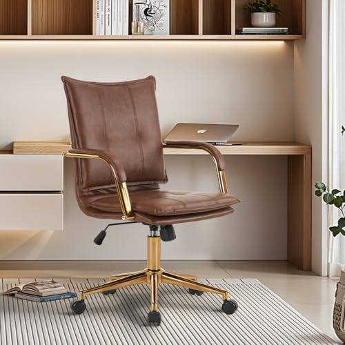 MOJAY Mid-Back Ergonomic Leather Office Desk Chair, Modern Upholstered Computer Chair, Executive Office Chair with Arms, Swivel Adjustable Rolling Chair with Gold Base (Brown) MOJAY