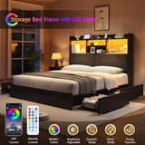 LUXOAK King Farmhouse Bed Frame with Bookcase Headboard and 4 Drawers, LED Storage Bed with Charging Station & Linen Upholstered, No Box Spring Needed,Black LUXOAK