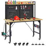 48L''Adjustable Height Workbench with Pegboard, Heavy Duty Wooden Desktop Workbench with Wheels, 2000 lb. Load Capacity, Rolling Workbench with AC/USB Outlet, Hooks, Shelf (Yellow+Black, 48''L) Clyrava