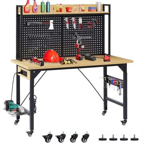 48L''Adjustable Height Workbench with Pegboard, Heavy Duty Wooden Desktop Workbench with Wheels, 2000 lb. Load Capacity, Rolling Workbench with AC/USB Outlet, Hooks, Shelf (Yellow+Black, 48''L) Clyrava