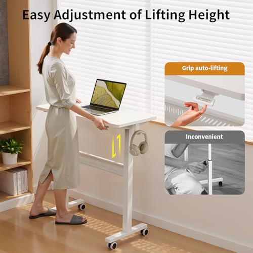 WALKINGDESK Mobile Walking Pad Desk with Wheels, Pneumatic Small Rolling Standing Desk Riser Height Adjustable (28-43.7") for Treadmill, Portable Computer Table for Home Office, White WALKINGDESK