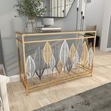 Deco 79 Metal Leaf Console Table with Mirrored Glass Top and Silver Accents, 44" x 16" x 30", Gold Deco 79