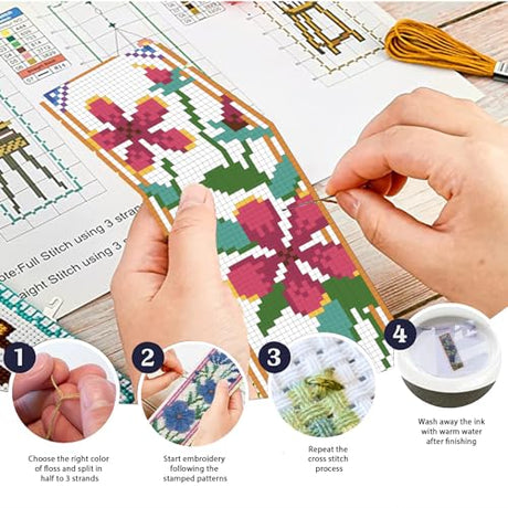 ORIGACH 6 Pcs Flower Cross Stitch Bookmark Kit for Beginner with Backing Felt Floss Instruction Sunflowers Tulip DIY Stamped Embroidery Bookmark Kit for Starter Adults Book Lovers ORIGACH