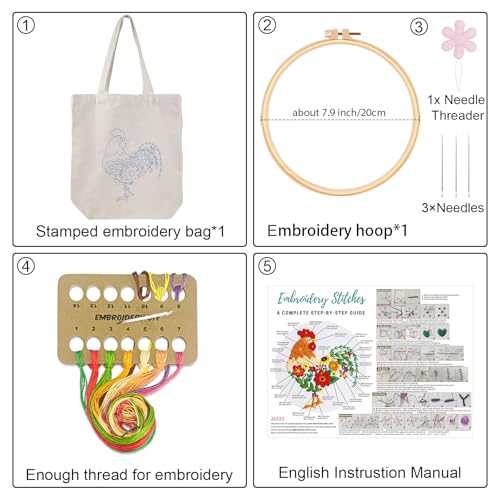 Louise Maelys Embroidery Kit Canvas Tote Bag for Beginners,Cross Stitch Kits for Adults,DIY Needlepoint Include Rooster and Flower Pattern,Women Shopping Reusable Grocery Bags