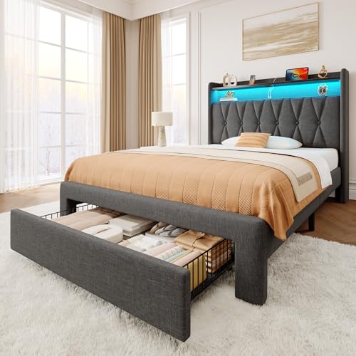Rolanstar Twin Bed Frame with Drawer, Storage Headboard with Charging Station and LED Lights, Upholstered Bed with Heavy Duty Wood Slats, No Box Spring Needed, Noise Free, Easy Assembly, Dark Grey Rolanstar