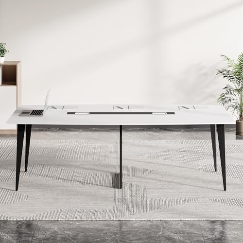 LITTLE TREE 8FT Conference Room Table, 94.48L x 47.21W x 29.52H Boat Shaped Meeting Table, White&Black LITTLE TREE