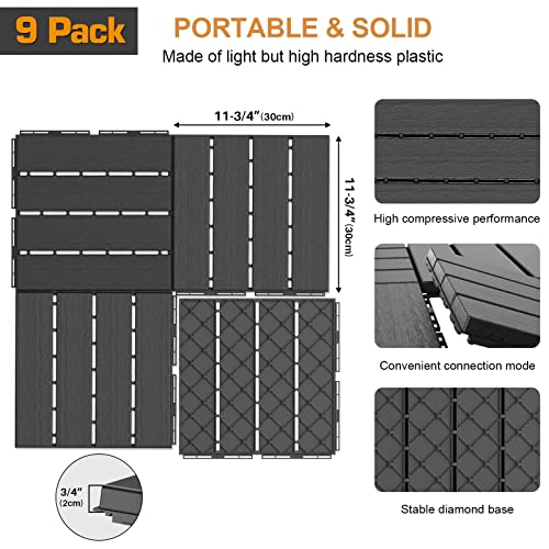 Goovilla Plastic Interlocking Deck Tiles, 9 Pack , 12"x12" Waterproof Outdoor Flooring All Weather Use, Patio Floor Decking Tiles for Porch Poolside Balcony Backyard, Dark Grey - WoodArtSupply