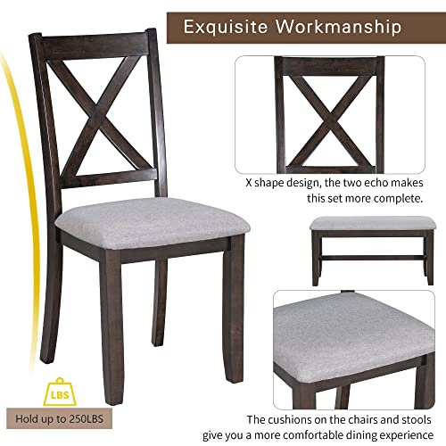 6 Pieces Dining Table Set with Bench, Wood Rectangle Table, 4 Chairs and Bench with Cushion, Kitchen Table Chairs Set for 6 Persons (Espresso) Merax