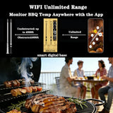 BBQOVN WiFi Sub-1G Wireless Meat Thermometer Unlimited Range 7 NIST Certified Sensors with Ambient Temp 2 Temp Monitoring Ways Digital Smart Base and App for BBQ, Smoker, Grill, Oven (Dual Probes)