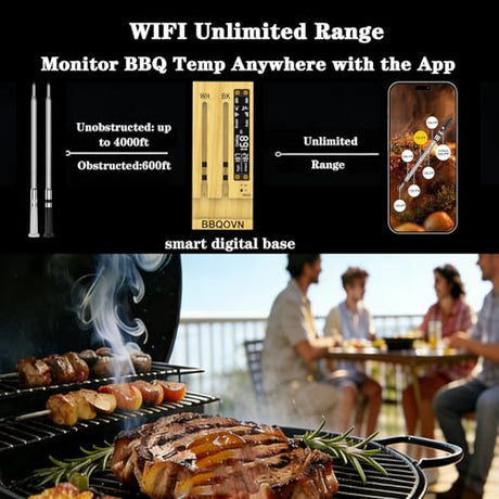 BBQOVN WiFi Sub-1G Wireless Meat Thermometer Unlimited Range 7 NIST Certified Sensors with Ambient Temp 2 Temp Monitoring Ways Digital Smart Base and App for BBQ, Smoker, Grill, Oven (Dual Probes) BBQOVN