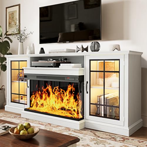 MXV 70'' Fireplace TV Stand, Farmhouse Entertainment Center with 3 Sided Glass TV Stand, Modern Media Console Table with Storage Drawers & Cabinets with LED Flame and Lights for Living Room, White MXV