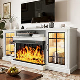 MXV 70'' Fireplace TV Stand, Farmhouse Entertainment Center with 3 Sided Glass TV Stand, Modern Media Console Table with Storage Drawers & Cabinets with LED Flame and Lights for Living Room, White MXV