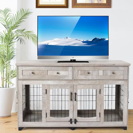 Large Dog Crate Furniture, Double Dog Kennel Furniture with 2 Drawers and Removable Divider, XXL Heavy Duty Wood Dog Crate Table for 2 Dogs Indoor (Gray, 58 in) GarveeHome