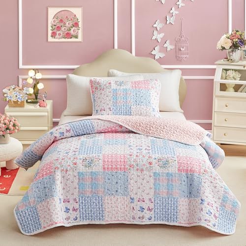 Joyreap Twin Size Quilt Set for Girls, Pink n Blue Floral Patchwork Design, 2 Pieces Soft n Cozy Microfiber Quilt, Bedspread Bed Cover for All Season- 68x88 inches Joyreap