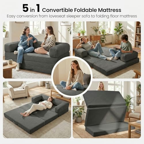 Tri-Folding Mattress Queen Futon Sofa Bed, Convertible Tri Fold Mattress Foldable with Removable Armrests & Washable Cover, 5 Inch Floor Mattress with High-Density Foam, Small Couch Bed, Queen, Grey Erament