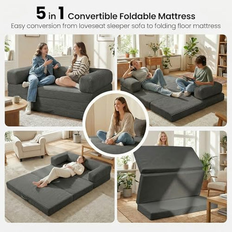 Tri-Folding Mattress Queen Futon Sofa Bed, Convertible Tri Fold Mattress Foldable with Removable Armrests & Washable Cover, 5 Inch Floor Mattress with High-Density Foam, Small Couch Bed, Queen, Grey Erament