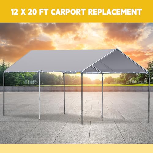 Wesnoy 12 x 20 ft Heavy Duty Canopy Replacement Cover Waterproof Carport Garage Car Shelter Tarp Tent for Car Canopy with 50 Ball Bungees, Only Top Cover, Frame is Not Included Wesnoy