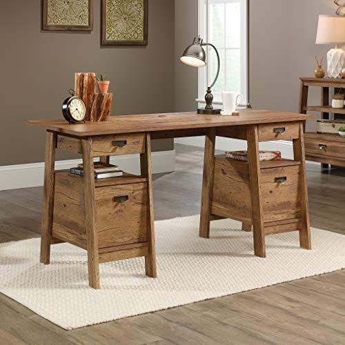 Sauder Trestle Executive Trestle Desk, Vintage Oak finish - WoodArtSupply