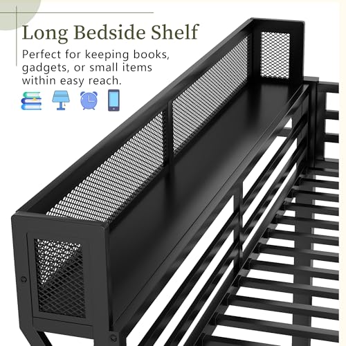 Mirightone Twin XL Size Loft Bed with Stairs and Storage, Metal Loft Bed Frame with A Shelf and Large Under-Bed Space, Heavy-Duty Loft Beds for Kids Boys Girls Teens, Black Mirightone