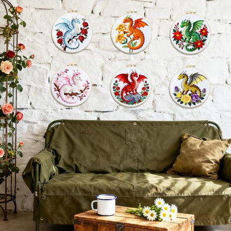 BEUNITONE 6 Sets Embroidery Kits for Beginners with Dragon and Flowers Patterns, DIY Craft Kits for Adults Include Embroidery Hoops and Instructions, Needlepoint Kits for Craft Lover and Home Decor BEUNITONE