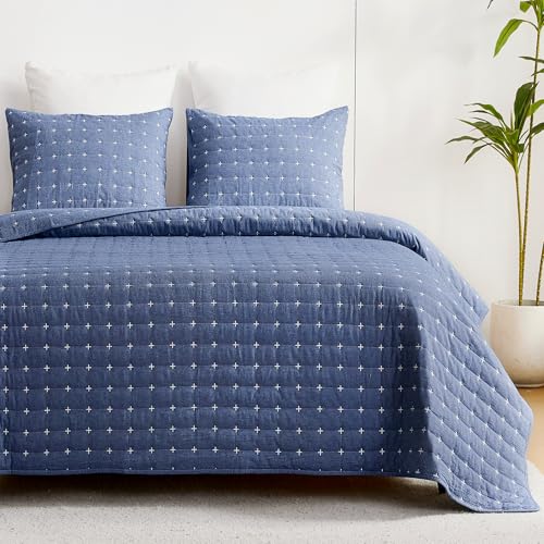 ENJOHOS Blue 100% Cotton Linen Twin Quilt Set, Twin Bedspread Coverlet, Twin Size Quilt Bedding Set, Reversible Lightweight Bed Quilt with Shams for Girl Boy Kid (2 Pieces, 68"x86") ENJOHOS