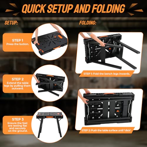 TLGREEN Folding Work Table,2 Pack,Express Portable Workbench Set of 2, Lightweight Workbench with Clamps Dogs, Clamps,Power Strip,for Garage,Table Saw,Home,Workshop,330lbs Load Capacity TLGREEN
