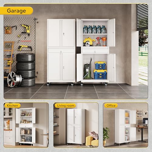 DEVAISE Metal Garage Storage Cabinet with Locking Doors and Adjustable Shelves, Rolling Tool Cabinet with Drawer for Garage,Warehouse,Home,Office (White) DEVAISE
