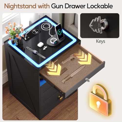 MDGC Smart Nightstand with Lockable Gun Drawer,Farmhouse Bedside Table with Charging Station and 3 LED Lights, Modern Night Stand with 3 Drawers,Glass Top End Side Table for Bedroom（Black） MDGC