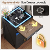 MDGC Smart Nightstand with Lockable Gun Drawer,Farmhouse Bedside Table with Charging Station and 3 LED Lights, Modern Night Stand with 3 Drawers,Glass Top End Side Table for Bedroom（Black） MDGC