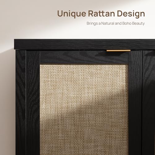 SICOTAS Sideboard Buffet Storage Cabinet - Boho Rattan Credenza Coffee Bar Cabinet with Large Storage, Farmhouse Console Buffet Table for Kitchen Living Room Entryway - 2 Black Pieces SICOTAS