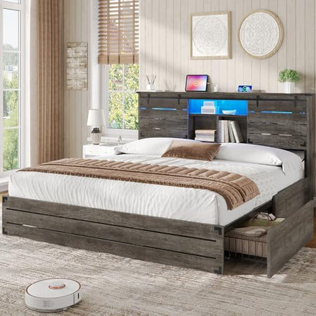 VIAGDO Wooden Bed Frame King Size with Bookcase Headboard and Sliding Barn Door, Farmhouse King Bed Frame with Charging Station, LED Lights and 4 Storage Drawers, No Box Spring Needed, Grey VIAGDO