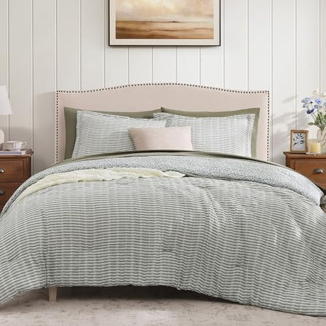 BLOOMHAVEN Queen Comforter Set - 7 Pieces Green Gauze Muslin Bedding Sets for All Seasons, Lightweight Breathable Bed in a Bag Queen with Revesible Farmhouse Comforter, Sheets, Pillowcases & Shams BLOOMHAVEN