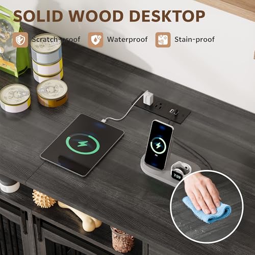 Homiflex 70.86" Double Dog Crate Furniture with Storage for 2 Medium Large Dogs Farmhouse Wooden Dog Kennel Furniture with 2 Sliding Doors Divider & Power Outlet Decorative Dog Cage TV Stand Dark Grey Homiflex