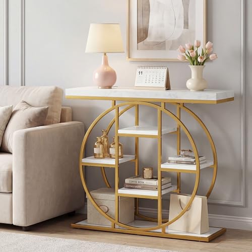 HOMCOM Entryway Table, 39.4" Console Sofa Table with Storage Shelves and Circle Steel Frame, Narrow Wood Accent Tables for Entrance, Hallway, Foyer, Living Room, White Marble Effect HOMCOM
