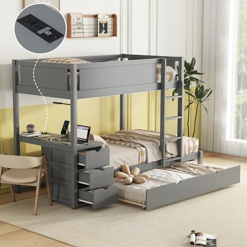 Modern Bunk Bed with Pull-out Trundle and Desk for Kids Boys Girls, Solid Wood Bed Frame with 3 Storage Drawers and USB Ports for Home Apartment, 3 Beds in 1 Design Bed Foundation No Box Spring Needed