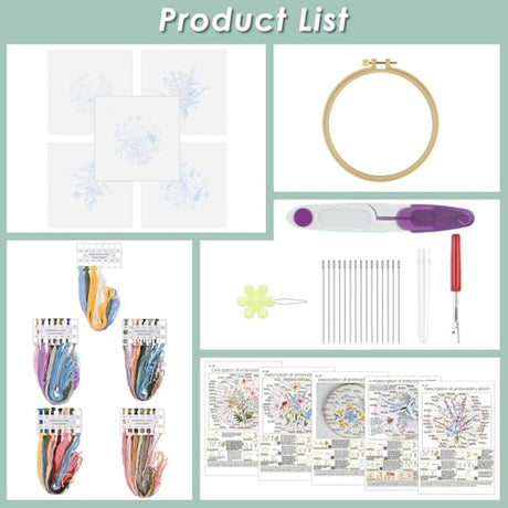 ERKOON Embroidery Kit for Beginners, 5 Sets Flower Cross Stitch Set for Adults Include Embroidery Cloth Hoops Threads for Craft Lover Hand Stitch with Skill Techniques (Flower) ERKOON
