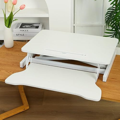 Xinmviec 32" Standing Desk Converter, Height Adjustable Sit to Stand Riser with Gas Spring Lift, Dual Monitor and Laptop Workstation with Wide Keyboard Tray for Home & Office (White) Xinmviec