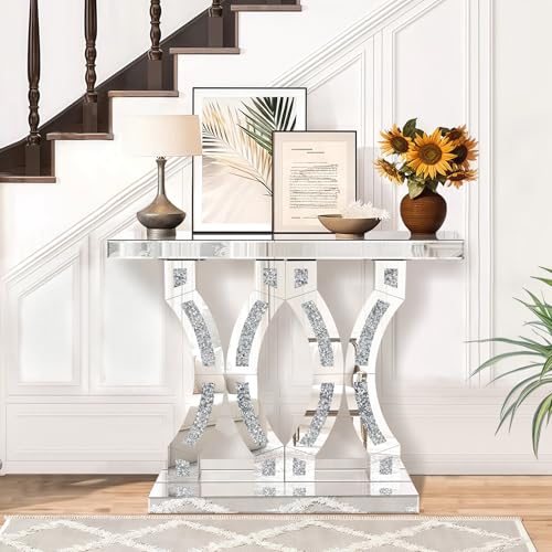 GA Home Silver Mirrored Console Table with Crushed Diamond Inlay, 39.37" Long Narrow Hallway Table for Entryway Foyer, Modern Glass Sofa Tables for Living Room GA Home