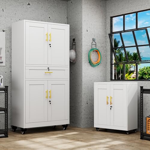 GAIOUS 71” Tall Metal Garage Storage Cabinet with Wheels and Drawer, Steel File Cabinet for Home Office, Tool Cabinet with 4 Locking Doors and 3 Adjustable Shelves, Rolling Cabinet for Garage - White GAIOUS