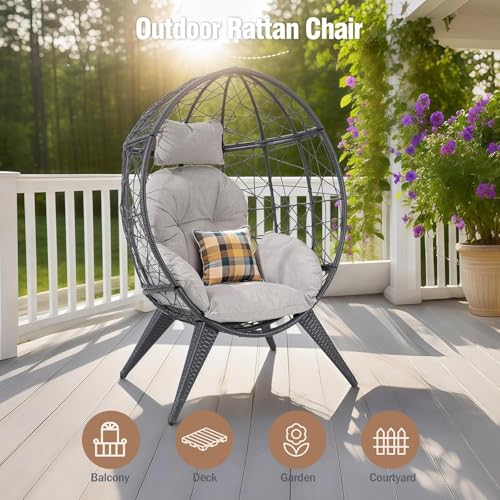 Rattan Egg Chair for Adult, Indoor Outdoor Patio Large Wicker Egg Chair with Overstuffed Cushions, Steel Frame, Boho Nest Seat for Patio, Bedroom, Lawn, Backyard VKUCI